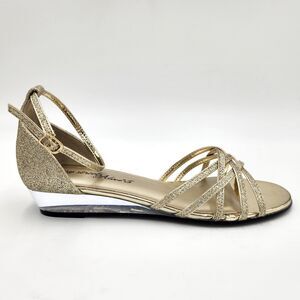 Easy Street Women Gold Glitter Tarrah Ankle Strap Wedge Evening Sandals Size 8.5